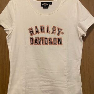 Harley-Davidson Women's White Tee with Orange and Black Rhinestone Accents
